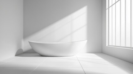 Fototapeta premium A serene, minimalist white bathroom featuring a modern freestanding bathtub with sunlight streaming through a large window.