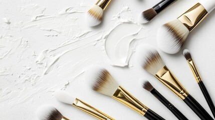 Makeup brushes are placed on a table surrounded by a generous amount of white makeup