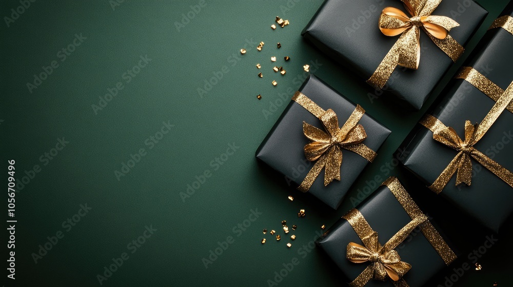 Poster lightbox displaying text on green paper backdrop featuring black gift boxes adorned with golden bows