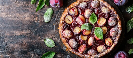 Fresh Homemade Dimply Plum Cake On Rustic Background