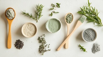 DIY beauty products with homemade cosmetics and clay facial mask ingredients featuring eco friendly and zero waste options on a light background in a flat lay top view arrangement