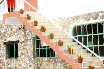 cement stair staircase tree pots out of building decorated by stone wall green frame