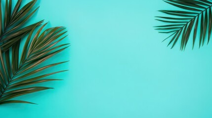 A vibrant composition featuring green palm leaves on a bright turquoise background, perfect for tropical-themed designs.