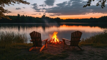Fototapeta premium Two wooden chairs are positioned beside a lake with a bonfire glowing brightly during sunset