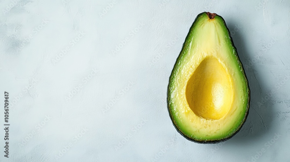 Poster avocado half and seed arranged to form an exclamation mark on a white board shot from above includes