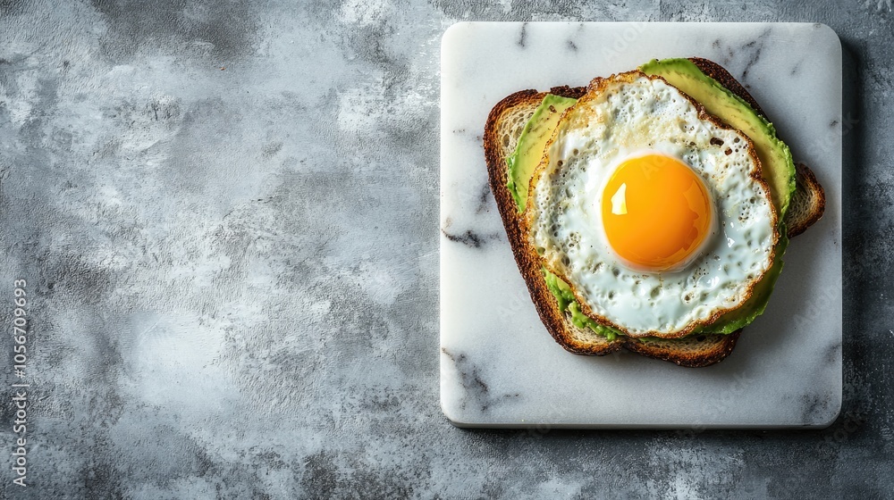 Aufkleber nutritious breakfast featuring an open sandwich topped with fresh avocado and a fried quail egg pres