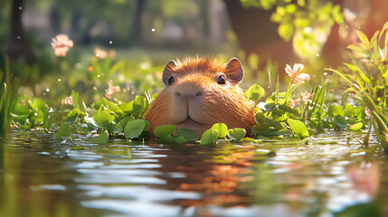 Fototapeta premium Capybara in a Pond: A Close-Up Portrait of a Gentle Giant