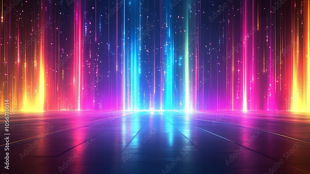 Poster vibrant multicolored neon light beams with starry background : generative ai