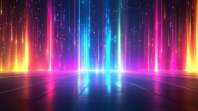 Vibrant Multicolored Neon Light Beams with Starry Background : Generative AI