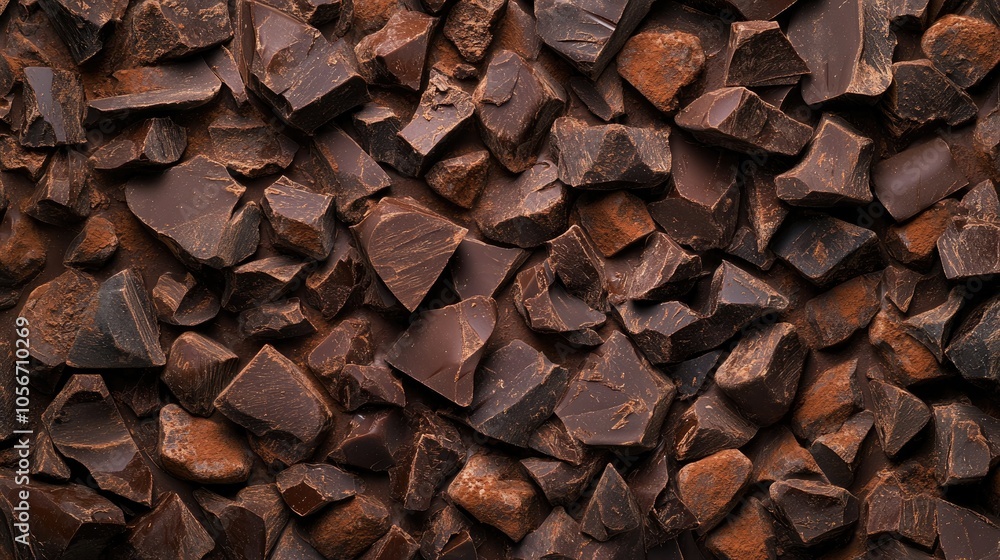 Poster close up of assorted chocolate chunks in various shapes forming a rich textured backdrop perfect for