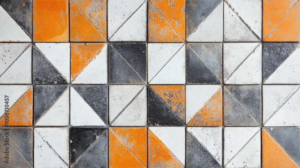 Poster orange white and gray vintage retro geometric mosaic pattern created with square cement tiles provid