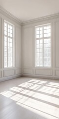 Fototapeta premium Spacious empty room with large windows, white walls, and elegant interior design, flooded with natural sunlight.