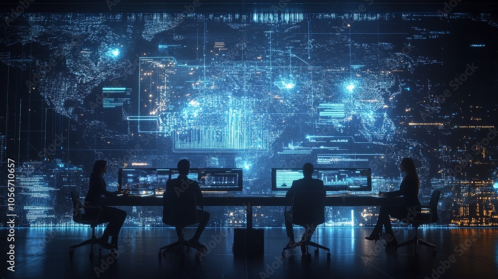 Poster silhouetted figures working in a futuristic control room with a digital world map display