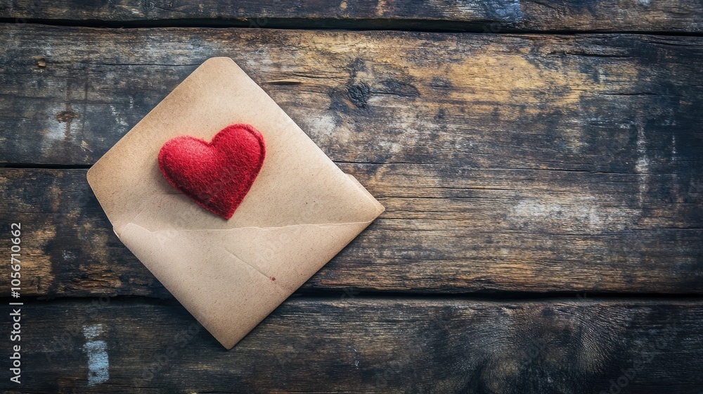Poster envelope and letter with a red heart on a rustic wooden table creating a romantic atmosphere for a l