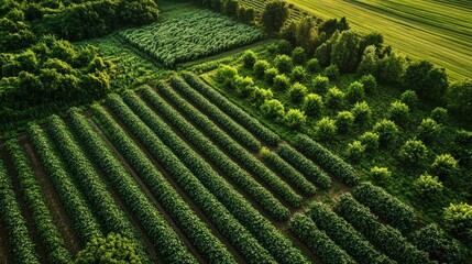 Fototapeta premium Aerial perspective of lush agricultural fields showcasing various crops