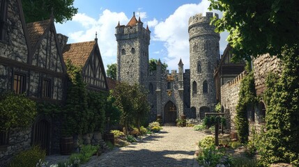 A realistic mockup of a medieval castle highlights its tall stone towers and surrounding greenery representing a historical architectural style