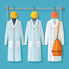 lab coats hanging on hooks with safety equipment v
