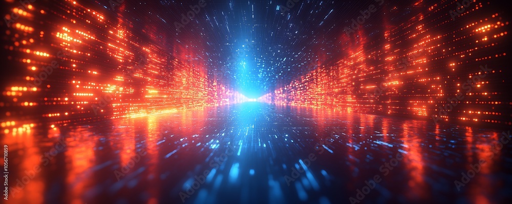 Poster Futuristic Red and Blue Neon Data Stream in a Digital Abstract Cyber Tunnel : Generative AI