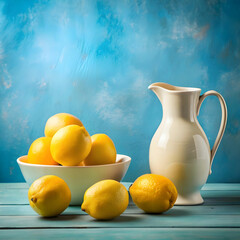 lemons and jug on blue background