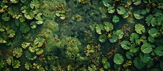 The Surface Of An Old Swamp Covered With Duckweed And Lily Leaves
