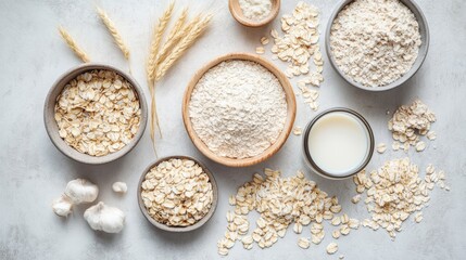 Top view of oat ingredients including dry flakes flour whole grains and a non dairy milk alternative Represents healthy organic and vegetarian food options