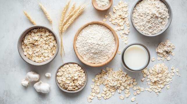Top view of oat ingredients including dry flakes flour whole grains and a non dairy milk alternative Represents healthy organic and vegetarian food options