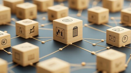 A close-up of interconnected wooden cubes featuring various icons, illustrating concepts like networking, data management, and technology.