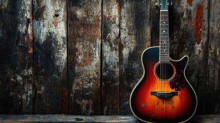 Acoustic guitar resting on a weathered wooden surface