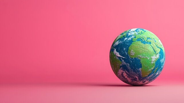 A 3D rendering of the Earth on a pink background. The continents are visible, along with the oceans and clouds.