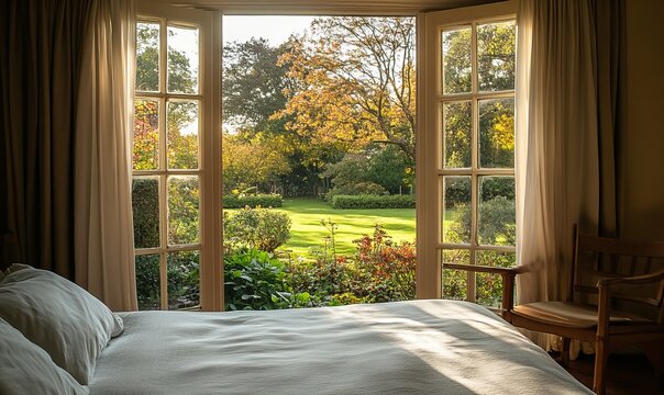 Fototapeta A serene and peaceful room with a large window overlooking a beautiful garden