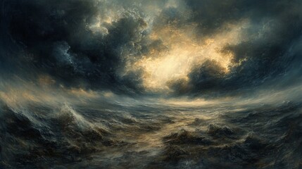 A Golden Light Emerging Through Storm Clouds Above a Troubled Sea