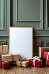 Christmas Mockup with Gifts and Green Wall: A festive scene featuring a blank white frame leaning against a green wall, surrounded by a collection of wrapped gifts in red and brown paper.