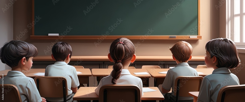 Poster children in classroom focused on learning with chalkboard background