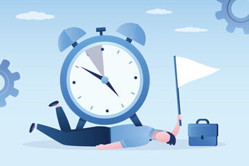 Businessman lies under a huge alarm clock, deadline concept. Unhappy male employee holds white flag, clerk has given up. Tasks not completed on time. Violation of deadlines.