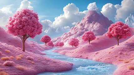 A surreal landscape with pink trees and mountains, a winding river flows through the center, and a blue sky with clouds is overhead.