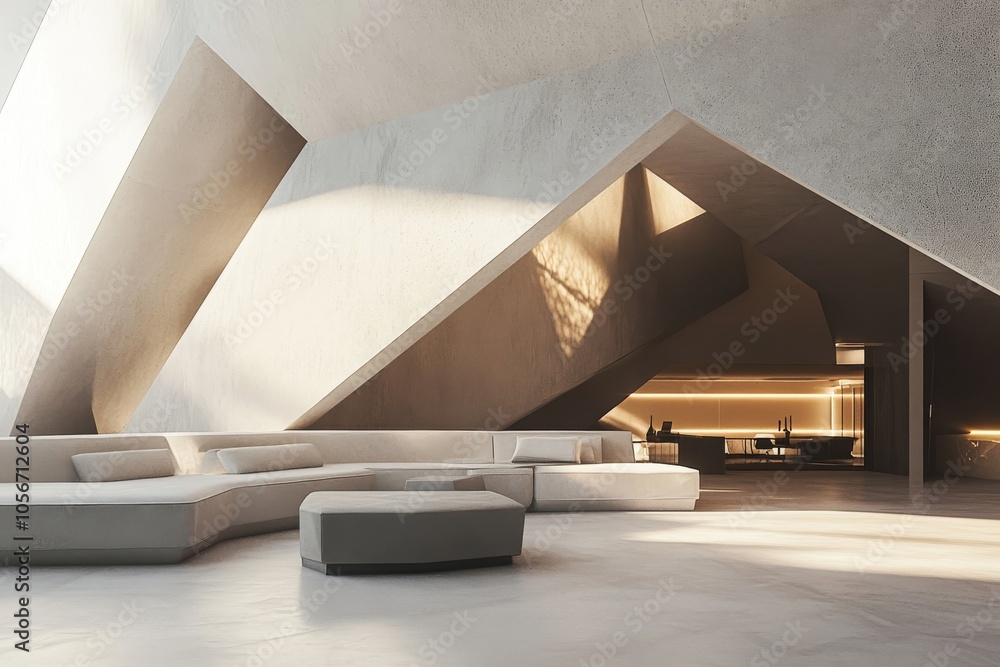 Poster a large open space with a white couch and a white ottoman. the couch is in the middle of the room an