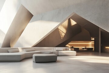 A large open space with a white couch and a white ottoman. The couch is in the middle of the room and the ottoman is on the left side. The room has a modern and minimalist design