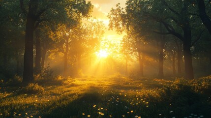 Obraz premium Golden Sunlight Filtering Through a Misty Forest