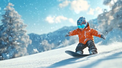A young child is snowboarding down a snowy slope