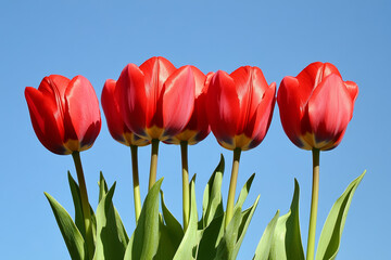 red and yellow tulips against blue sky