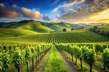 Obraz premium Rolling hills with lush green vines and grapevines stretching towards the sky, wine production, winery, countryside, grapes