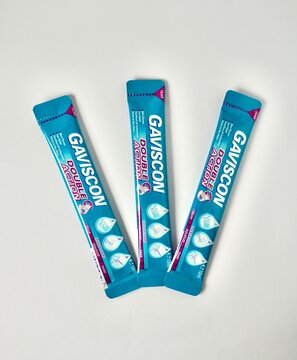 Jakarta, Indonesia - October 29th, 2024 - Gaviscon medicine for gerd heartburn and indigestion pain. Product photography isolated on plain background.