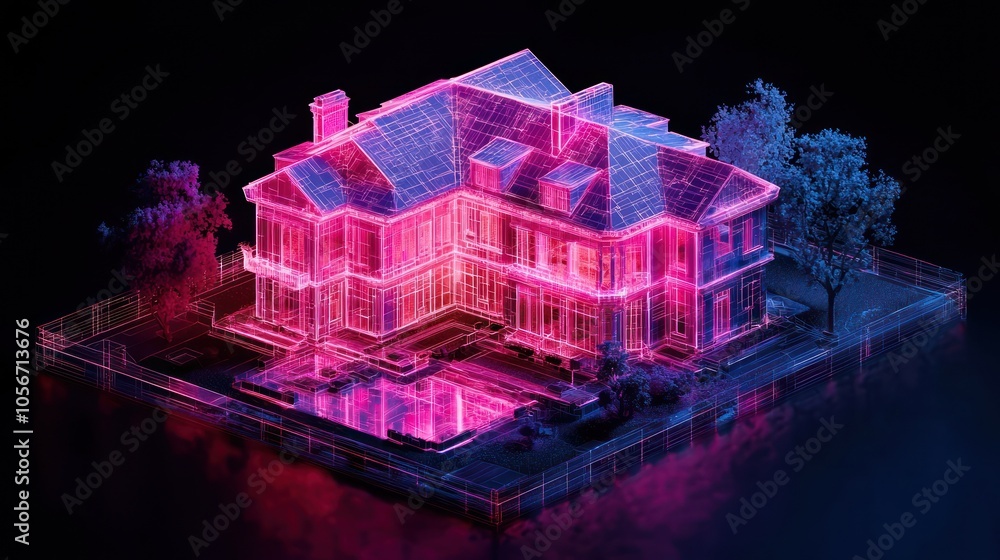 Poster digital blueprint of a property in neon overlay a futuristic architectural visualization