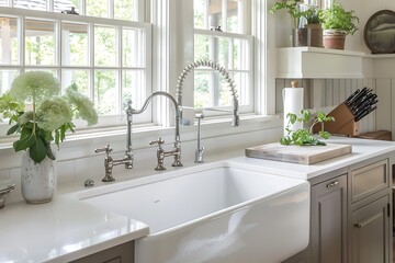 Bright farmhouse kitchen, white sink, rustic design, natural light, modern country house, text space.