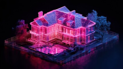 Digital blueprint of a property in neon overlay a futuristic architectural visualization