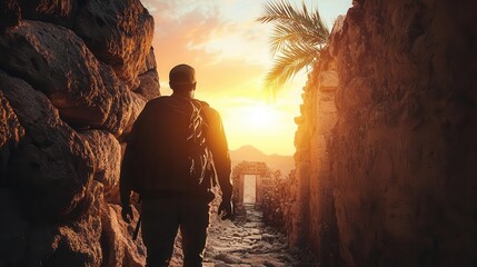 Fototapeta premium Treasure hunter using advanced technology to locate hidden gems in an ancient temple, blending past and future