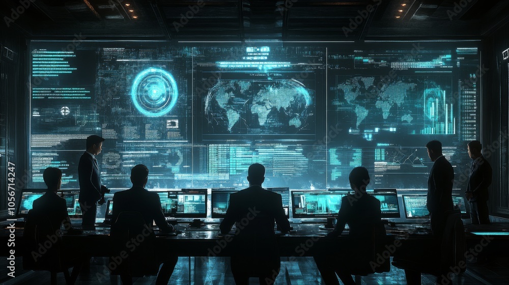 Poster silhouetted figures in a dark room monitoring a vast network of data on a digital screen.