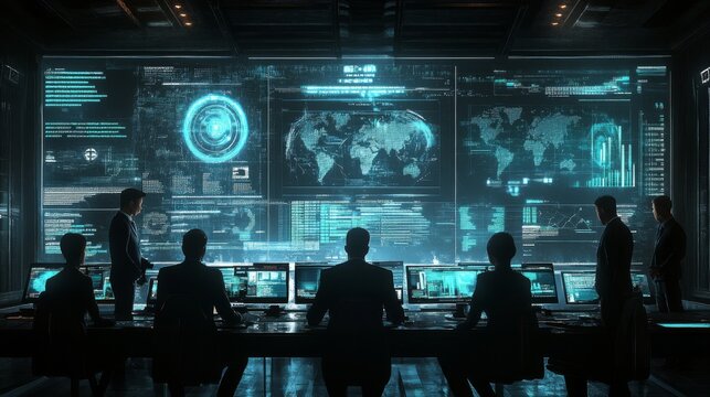 Silhouetted figures in a dark room monitoring a vast network of data on a digital screen.