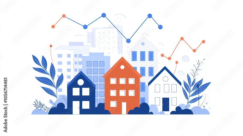 Poster exploring the dynamics of property investment through vibrant illustrations and data visualization t