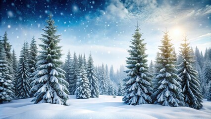 Fototapeta premium Snowy forest landscape with towering evergreen trees and soft white snowfall, winter landscape, evergreen trees, snow covered trees, cold weather, holiday scenery